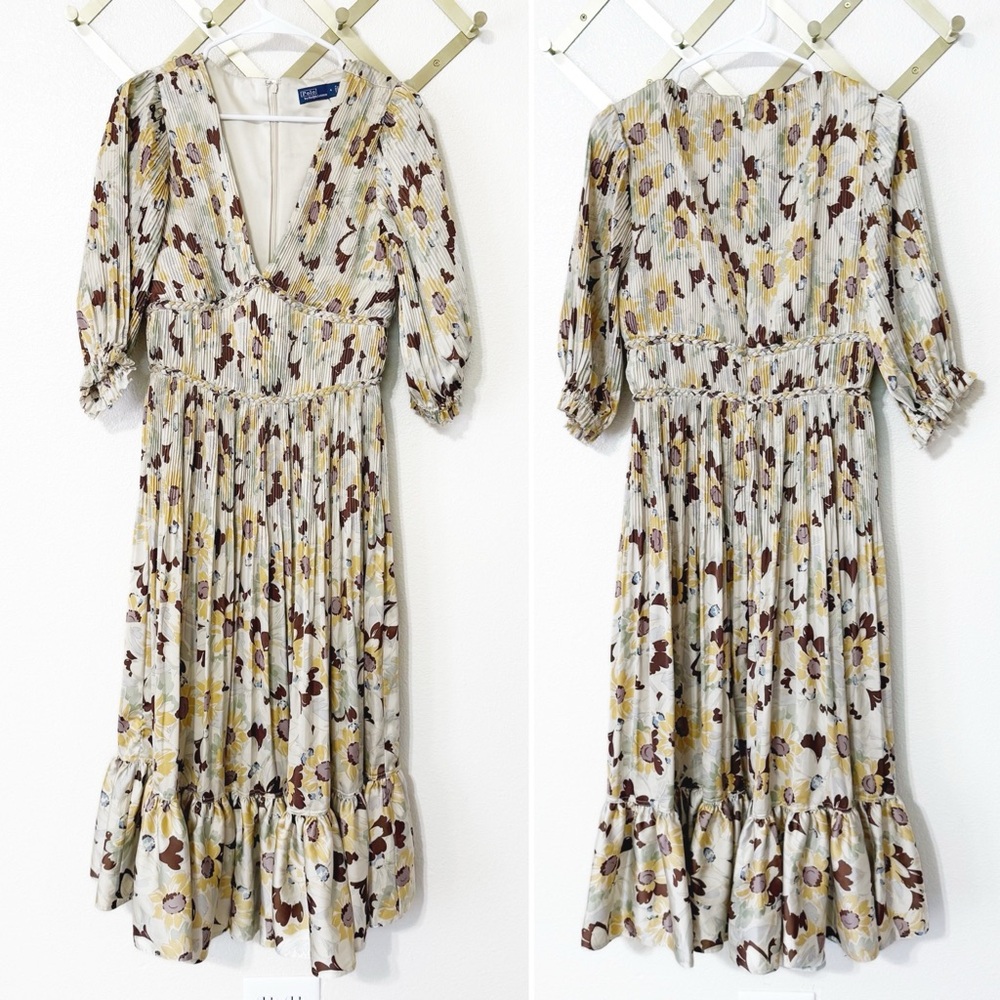 NEW Polo Ralph Lauren Plisse Crinkle Silk Braided Floral Ltiti Puff Sleeve Dress - Picture 8 of 14